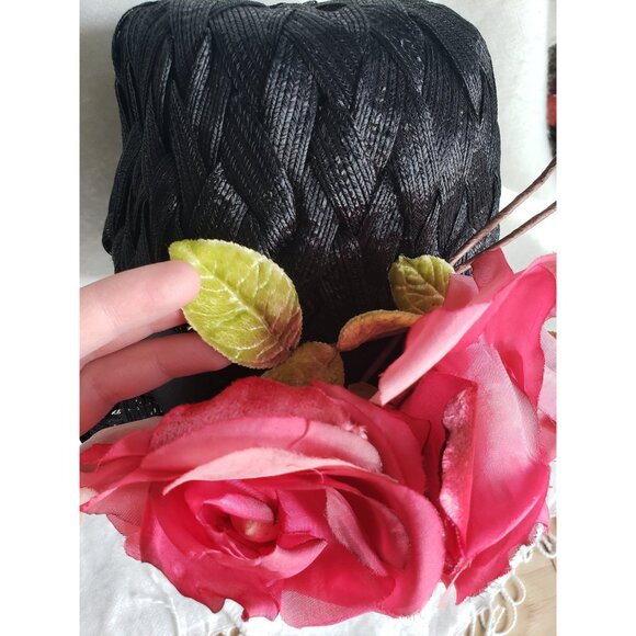 Black Vintage Cloche Hat with Large Pink Roses Woven Raffia - Picture 10 of 10